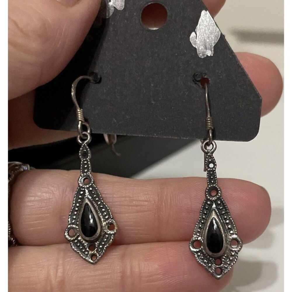 Dainty sterling silver 925 Onyx Drop dangle earrings Pierced